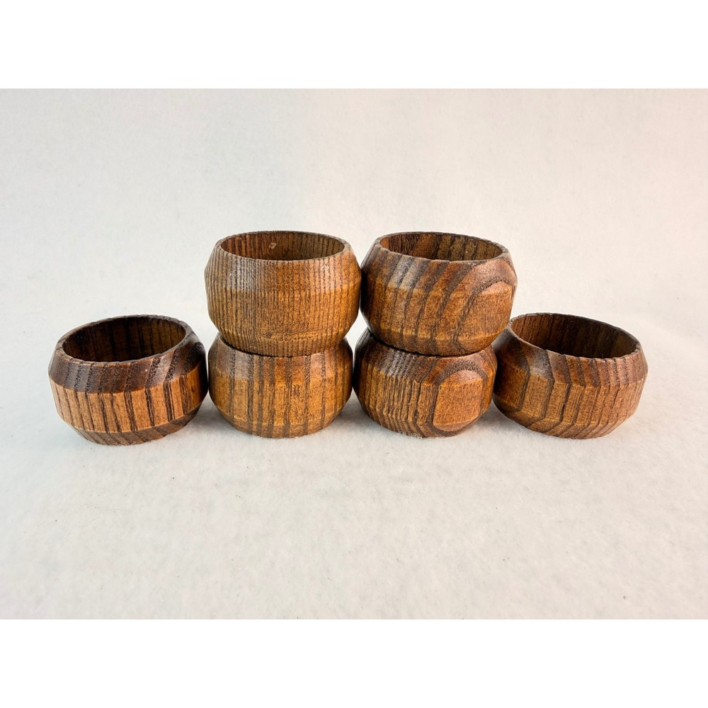 Vintage Wood Napkin Rings Set of 6 Brown Faceted Geometric Rustic Table Decor